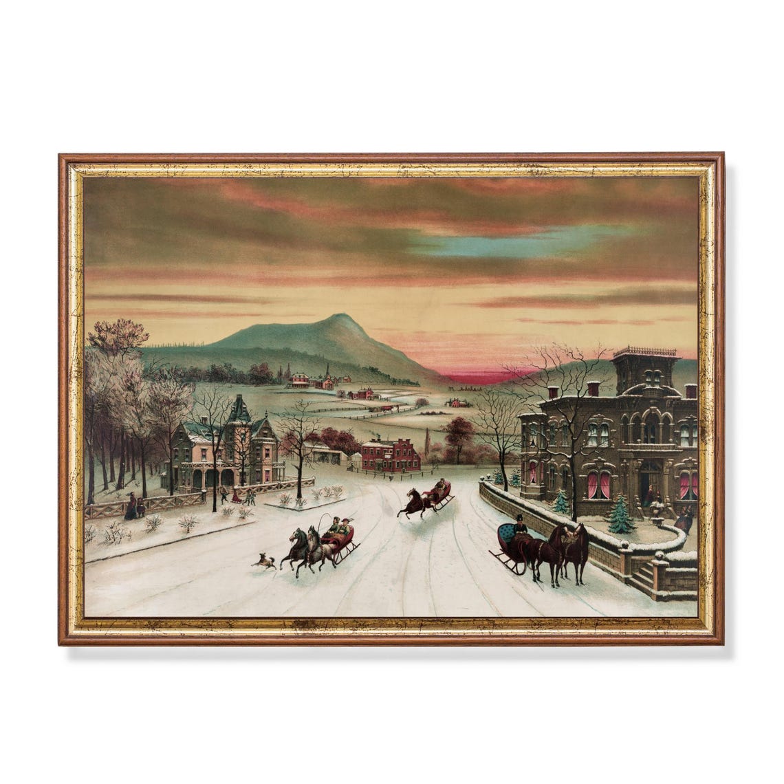 Sunset Winter Sleigh Ride Town Vintage Chromolithograph Poster