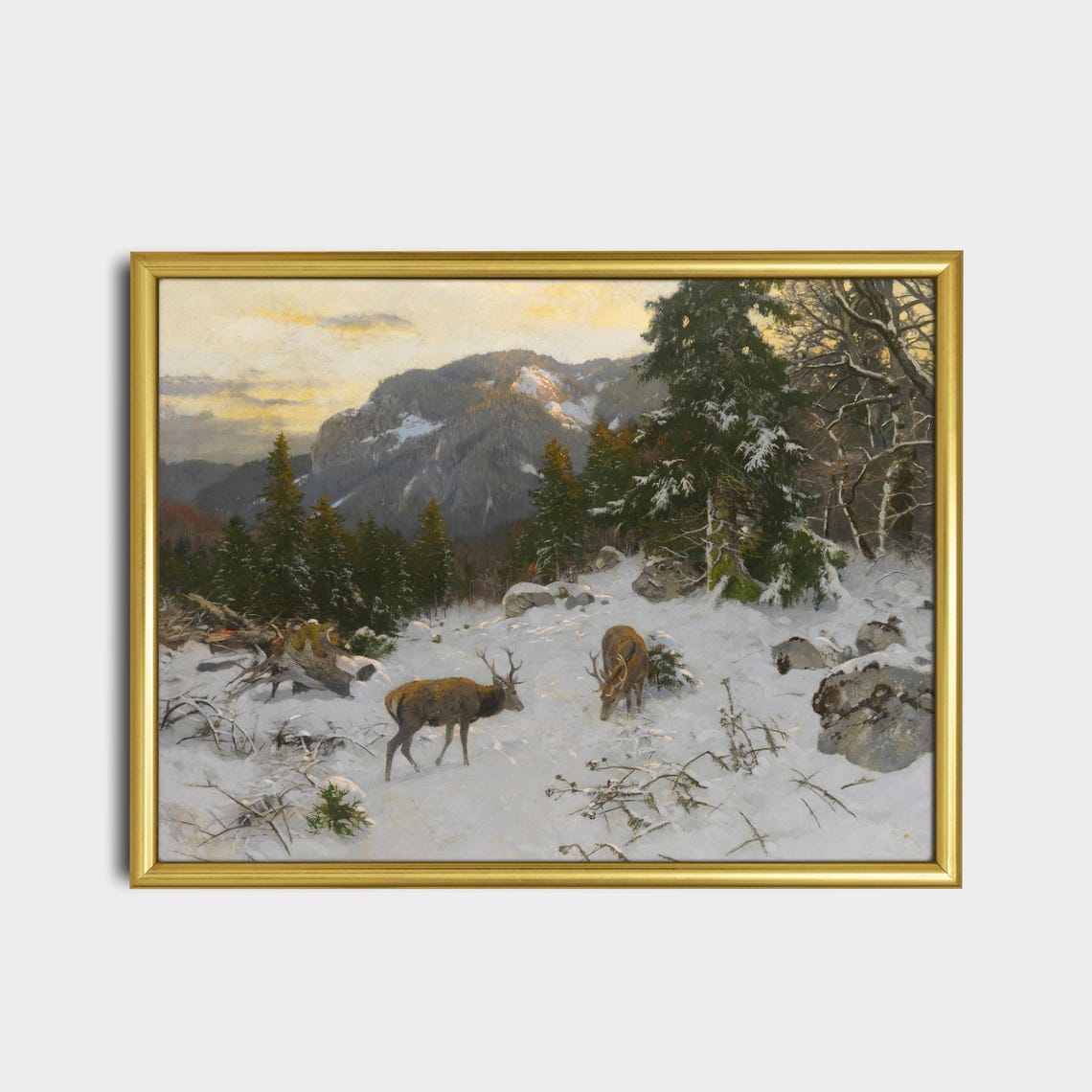 Two Stags in a Snowy Mountain Forest Vintage Winter Wildlife Poster - Image 2