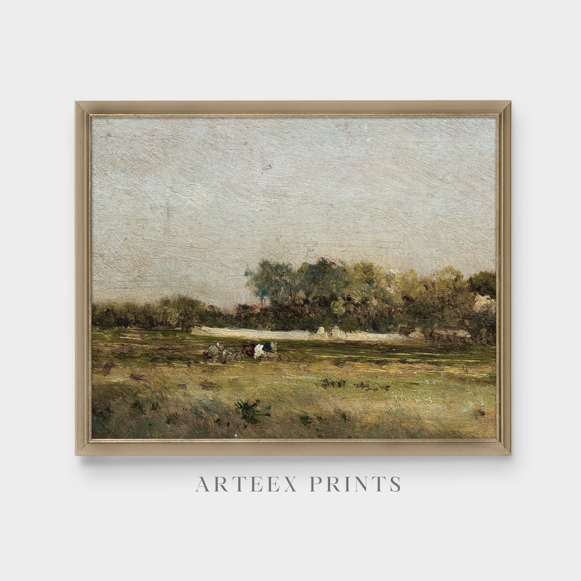 Cows Grazing in a Distant Meadow Impressionist Antique Oil Poster - Image 4