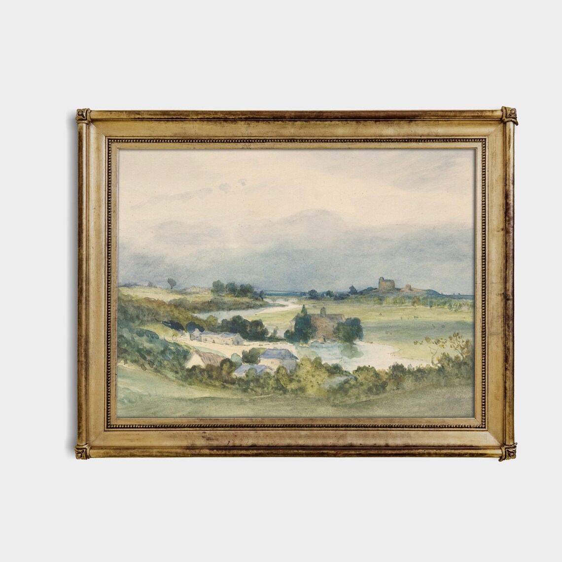 Watercolor River Valley with Distant Castle Ruins Antique Poster - Image 4