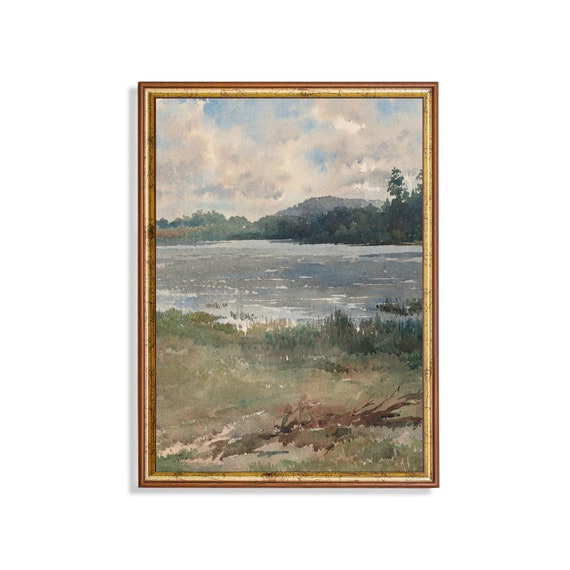 Vintage Lakeside Watercolor Art Print, Farmhouse Decor