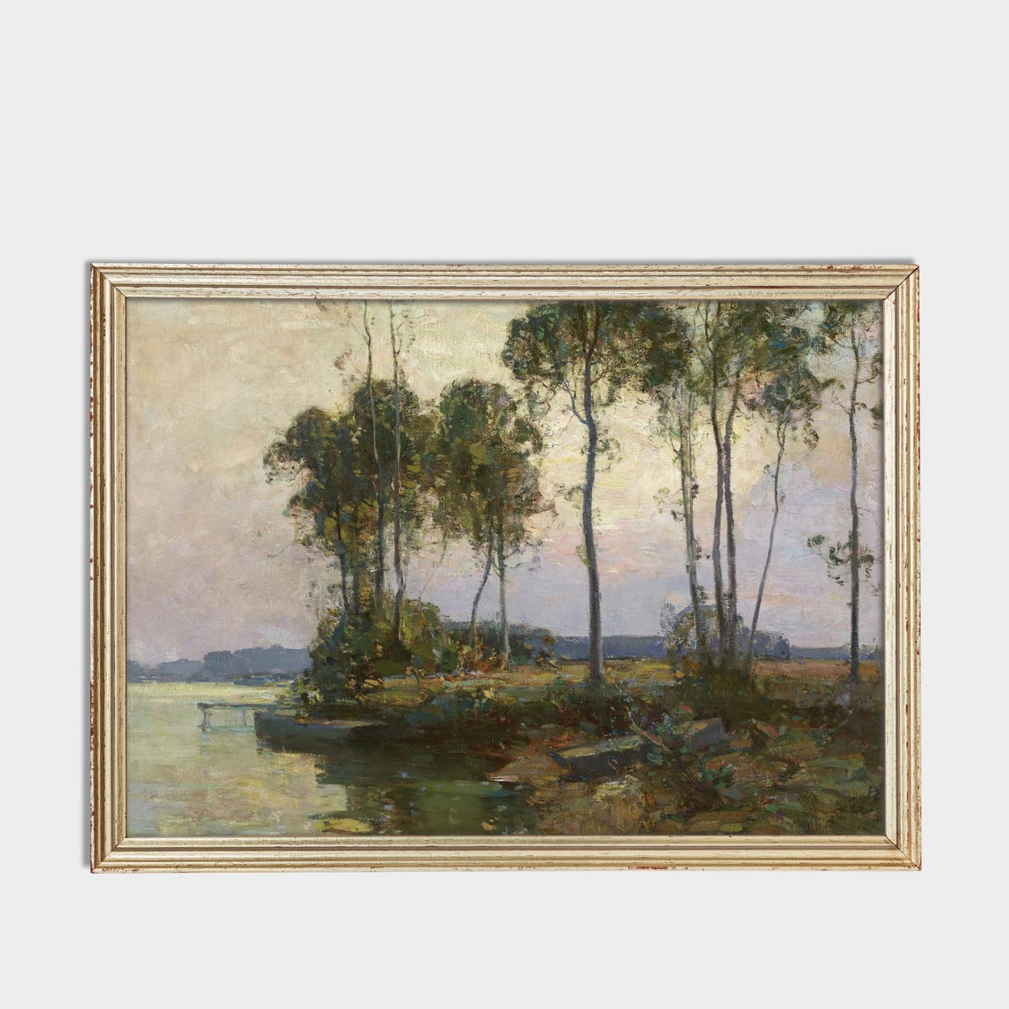Antique Evening River With Tall Trees Impressionist Art Poster - Image 3
