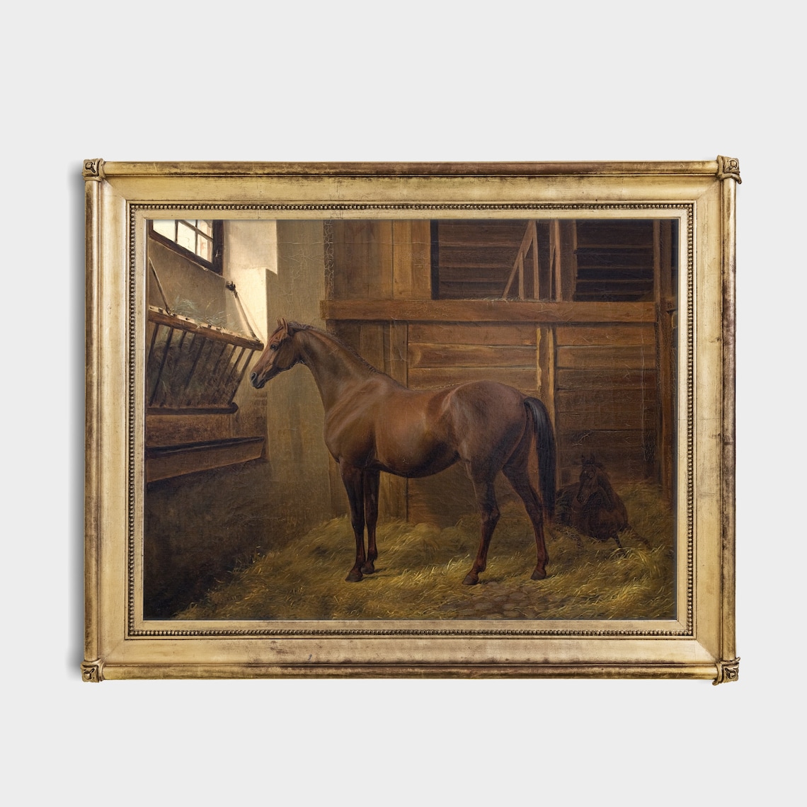 Chestnut Horse Standing in a Sunlit Stable Antique Oil Poster - Image 2