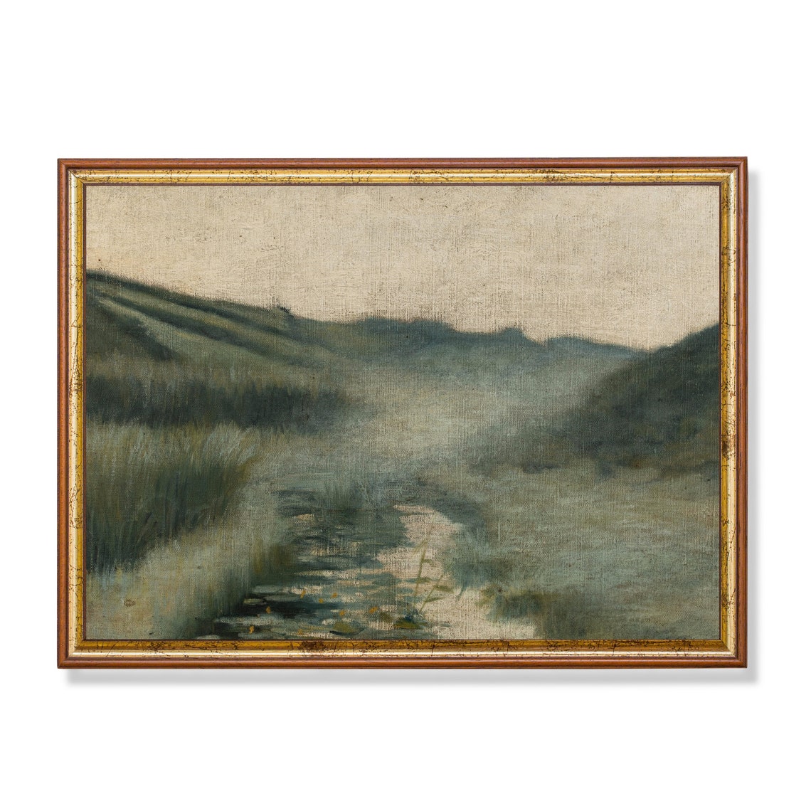 Misty Marsh Stream with Water Lilies Moody Tonalist Painting Poster
