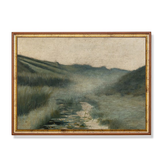 Vintage Landscape Painting Antique Country Landscape Moody Rustic Nature Print Wall Art Farmhouse Decor