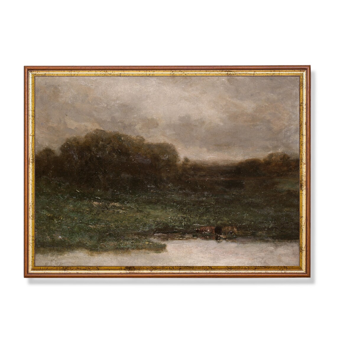 Dark Riverbank Woods Misty Water Barbizon Style Landscape Poster