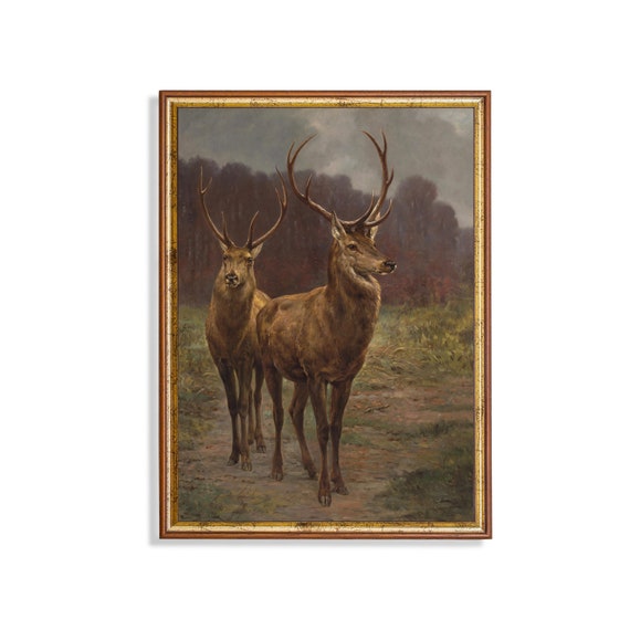 Print And Ship Vintage Deer Painting Antique Animal Print Moody Rustic Art Mailed Print Farmhouse Decor Fine Art Print