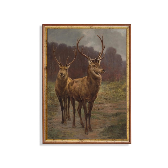 Vintage Red Deer Stags Painting Woodland Wildlife Antique Wall Art