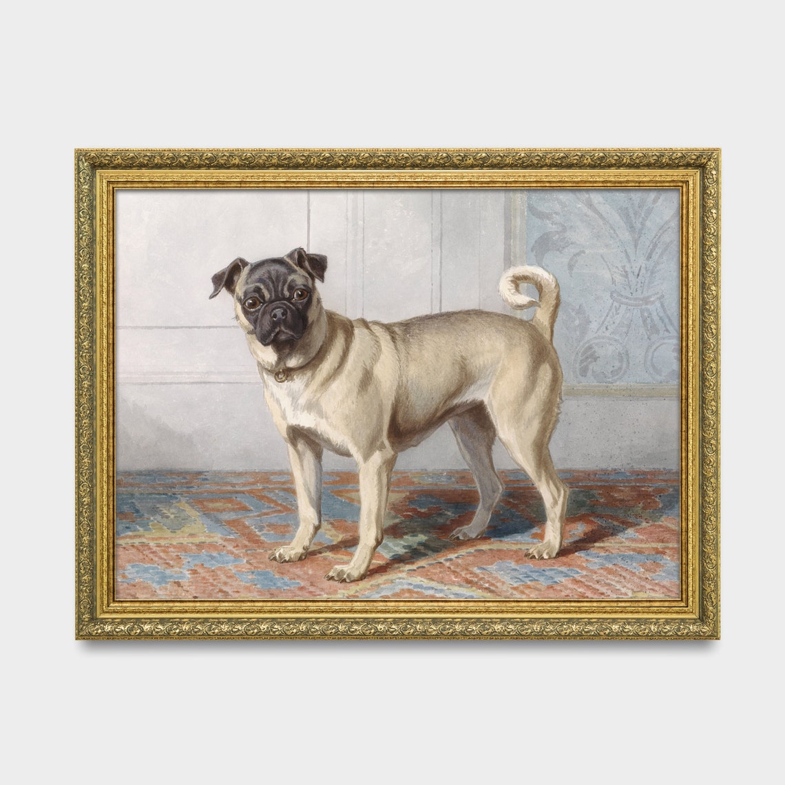 Pug Dog Standing on a Patterned Rug Antique Pet Portrait Poster - Image 3