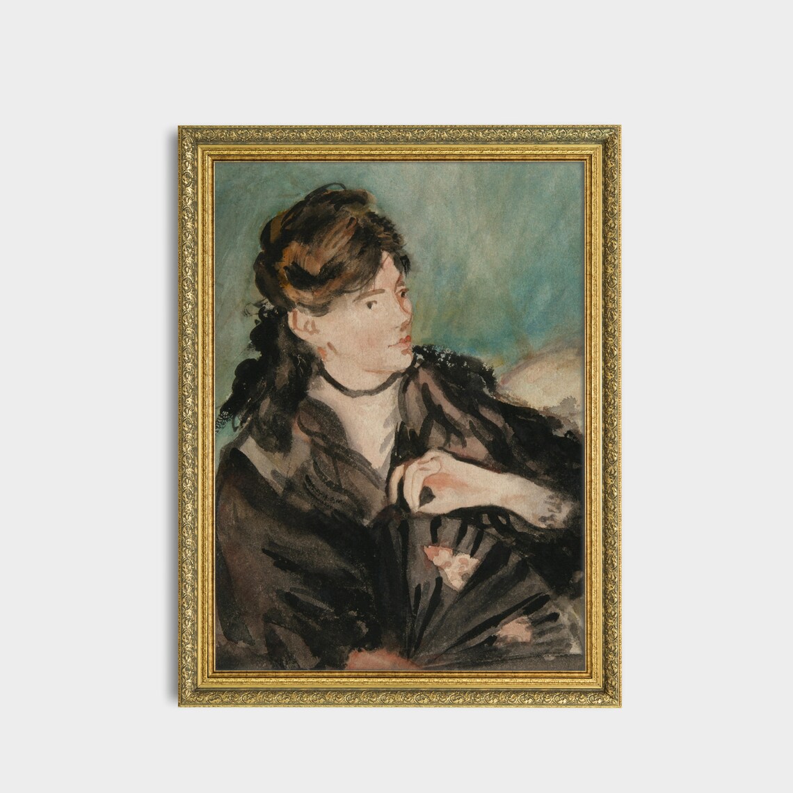 Young Woman Holding a Fan Antique Watercolor Portrait Poster - Image 3