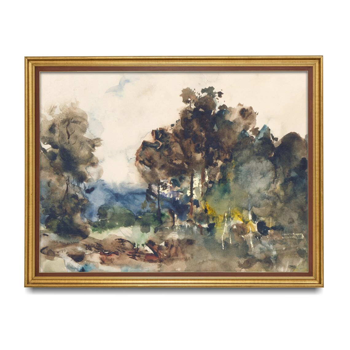 Abstract Tree Landscape in Brown and Blue Watercolor Wash Wall Art - Image 3