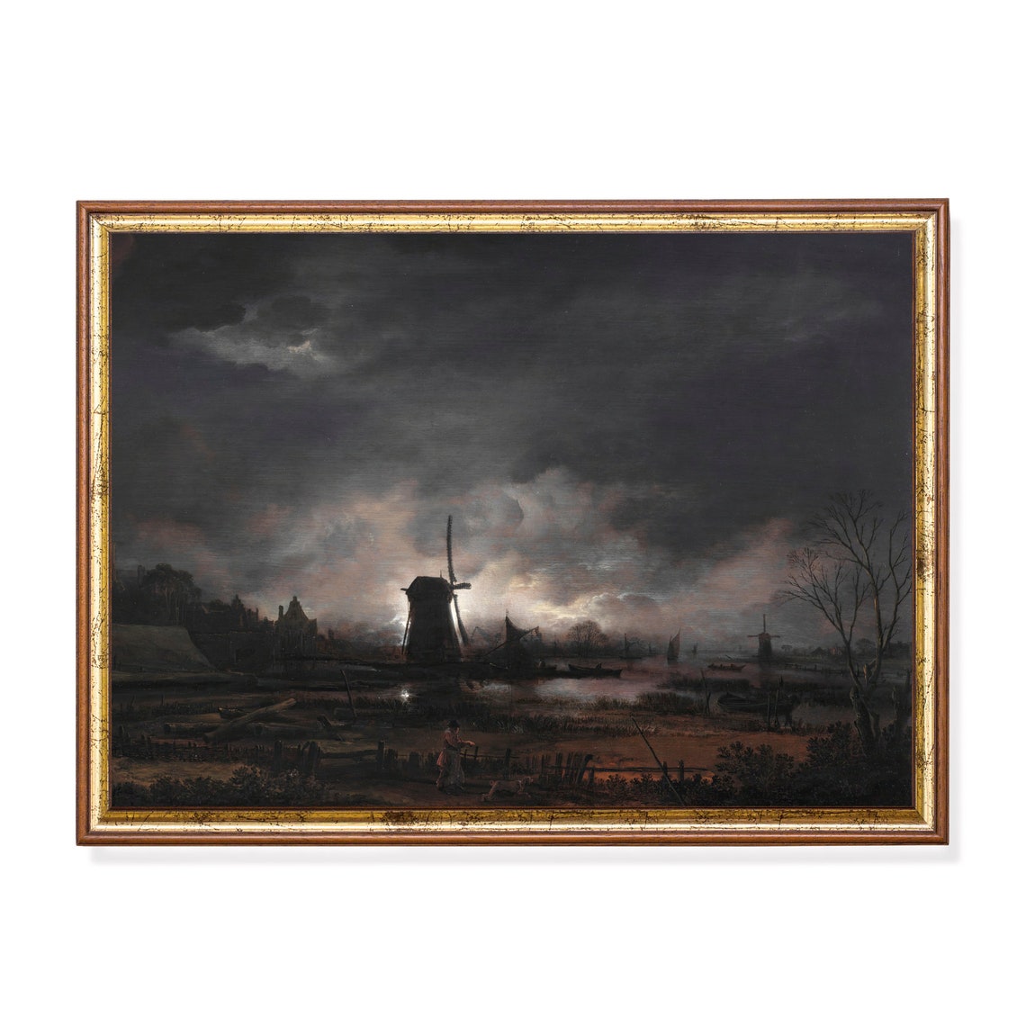 Windmills Under Stormy Moonlit Sky Vintage Night Landscape Poster