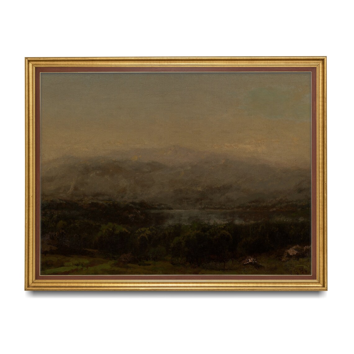 Misty Mountains Over a Dark Lake at Dusk Moody Tonal Landscape Poster - Image 4
