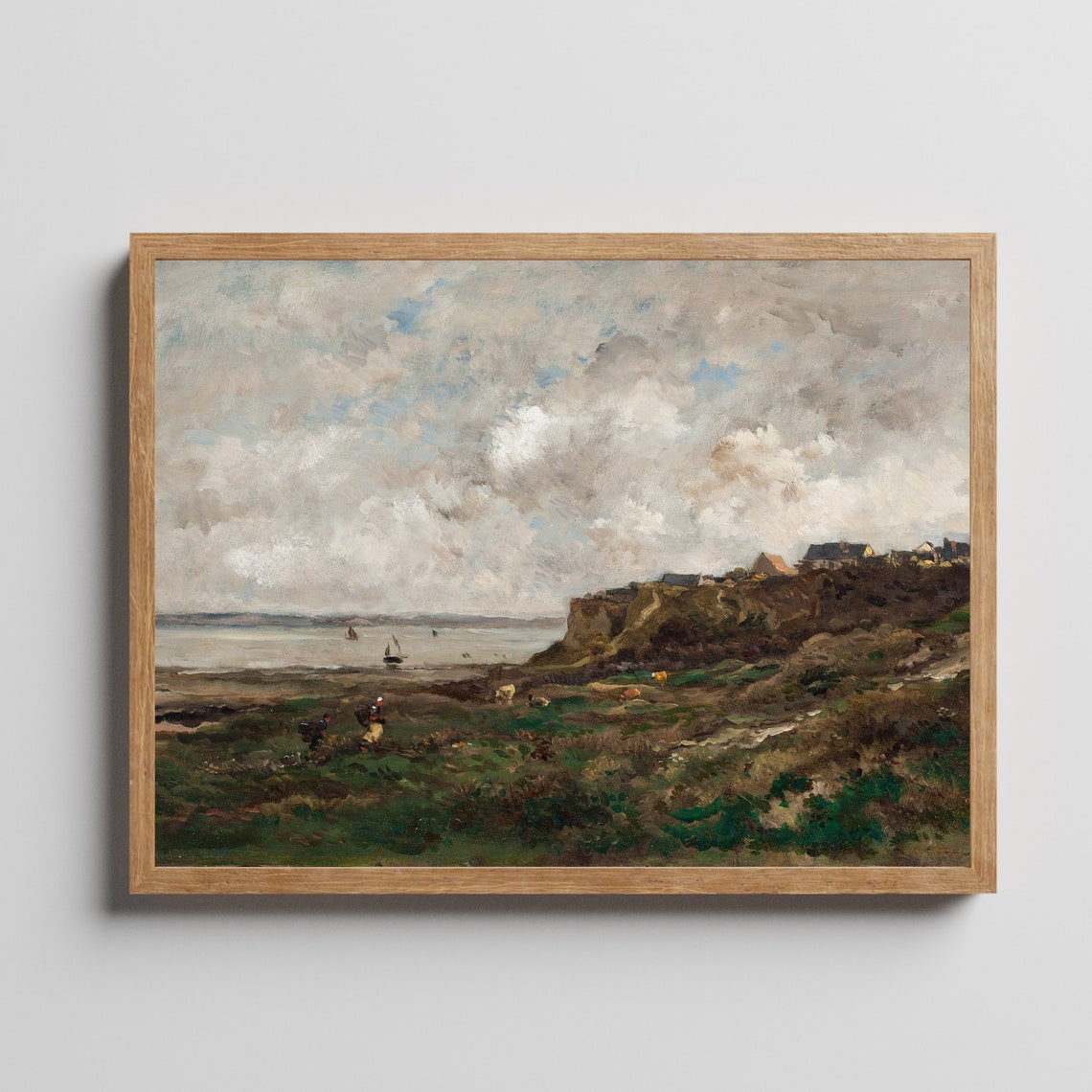 Moody Coastal Cliffs Village Seascape Antique Oil Painting Poster - Image 3