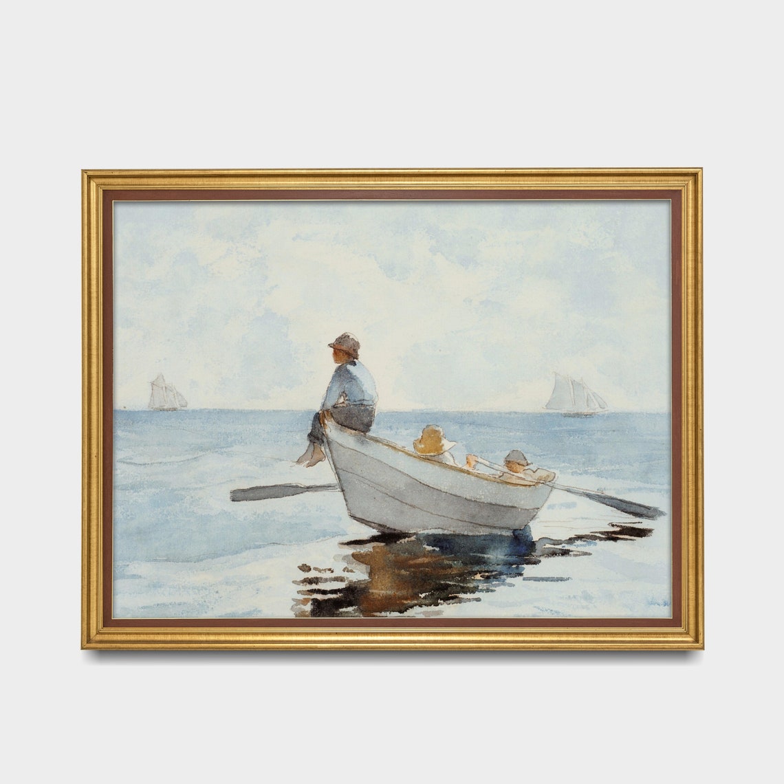 Three Boys in a Rowboat on Calm Blue Water Watercolor Poster - Image 3