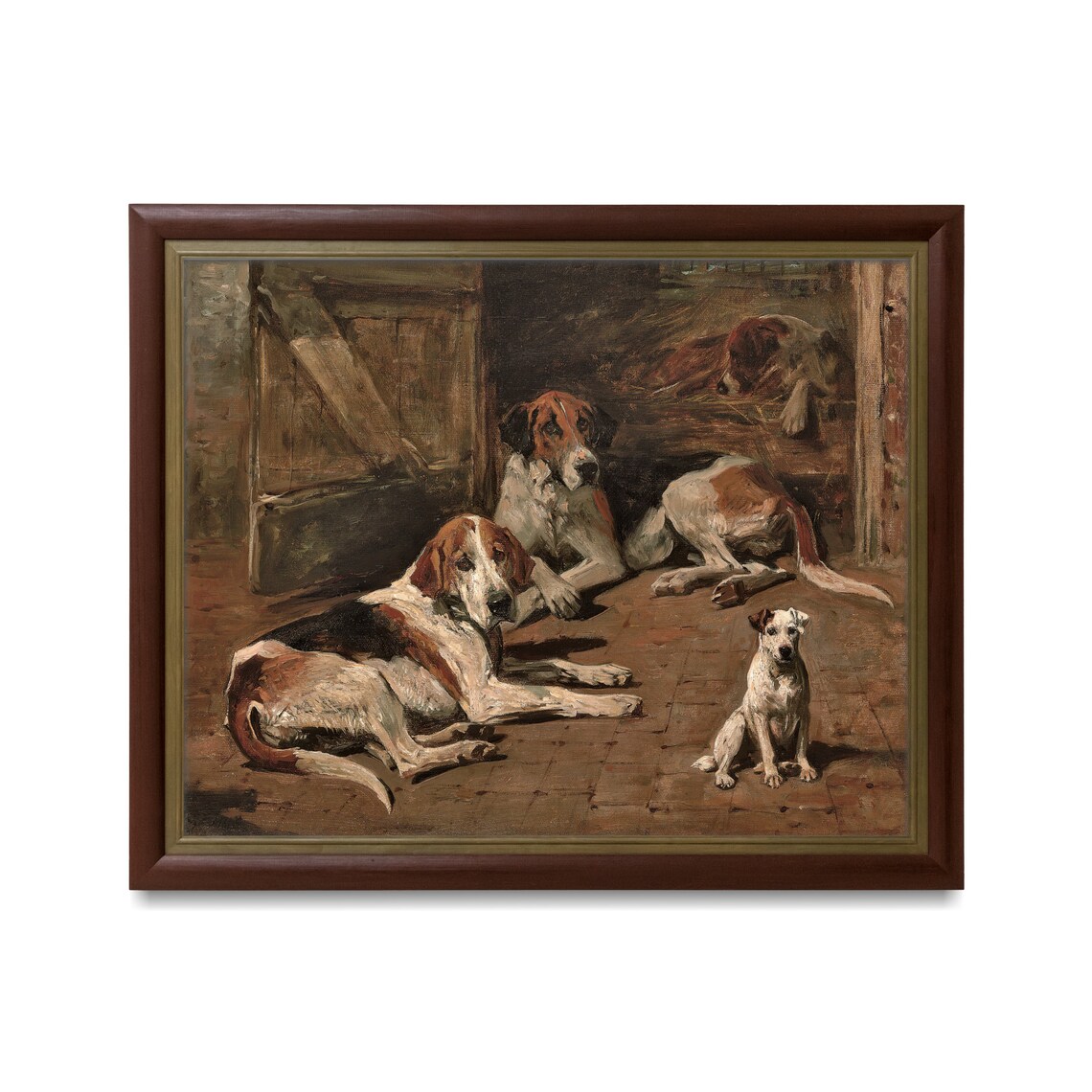Resting Foxhounds and Terrier in Kennel Vintage Dog Painting Poster - Image 4