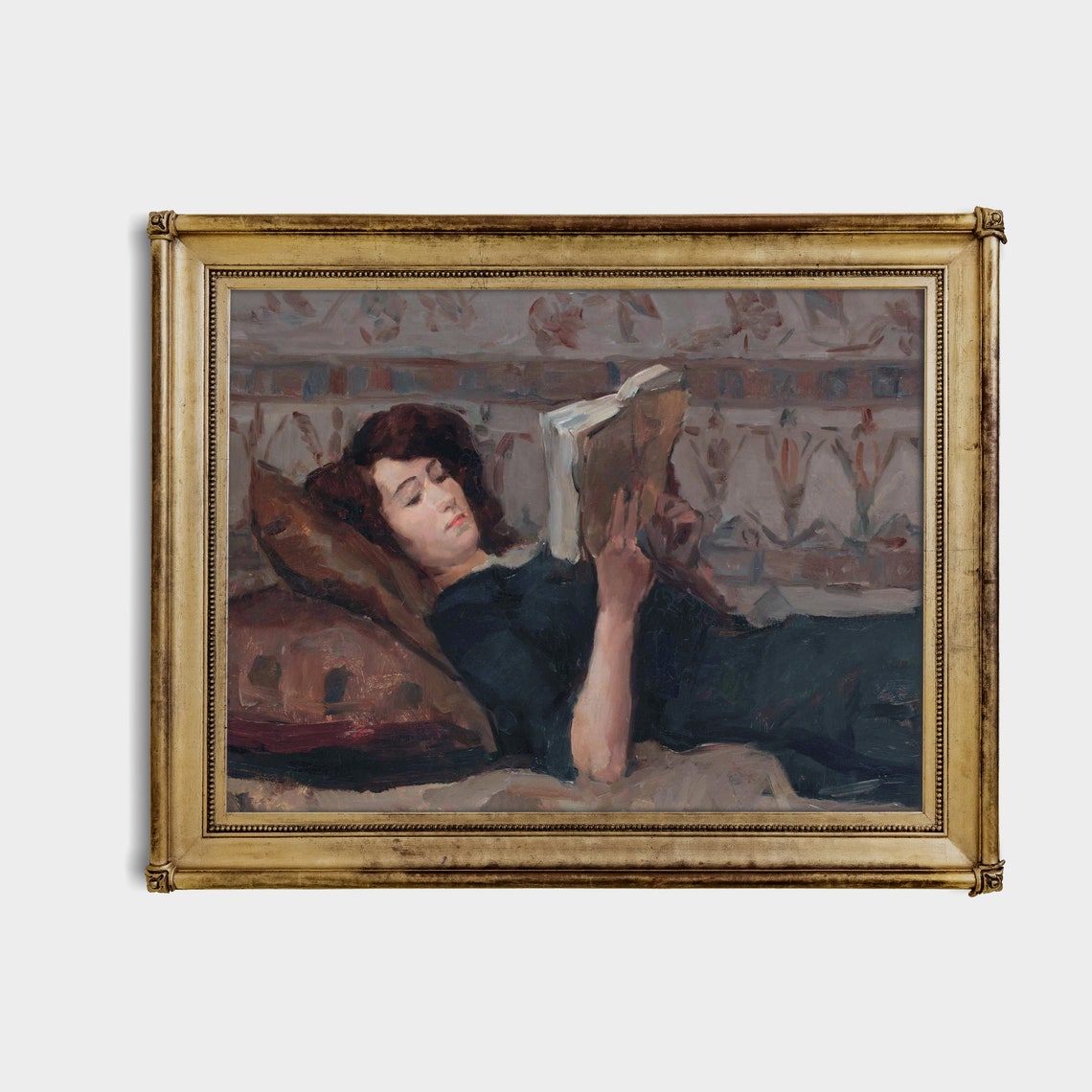 Woman Reading on a Chaise Longue Patterned Wallpaper Vintage Oil Print - Image 4