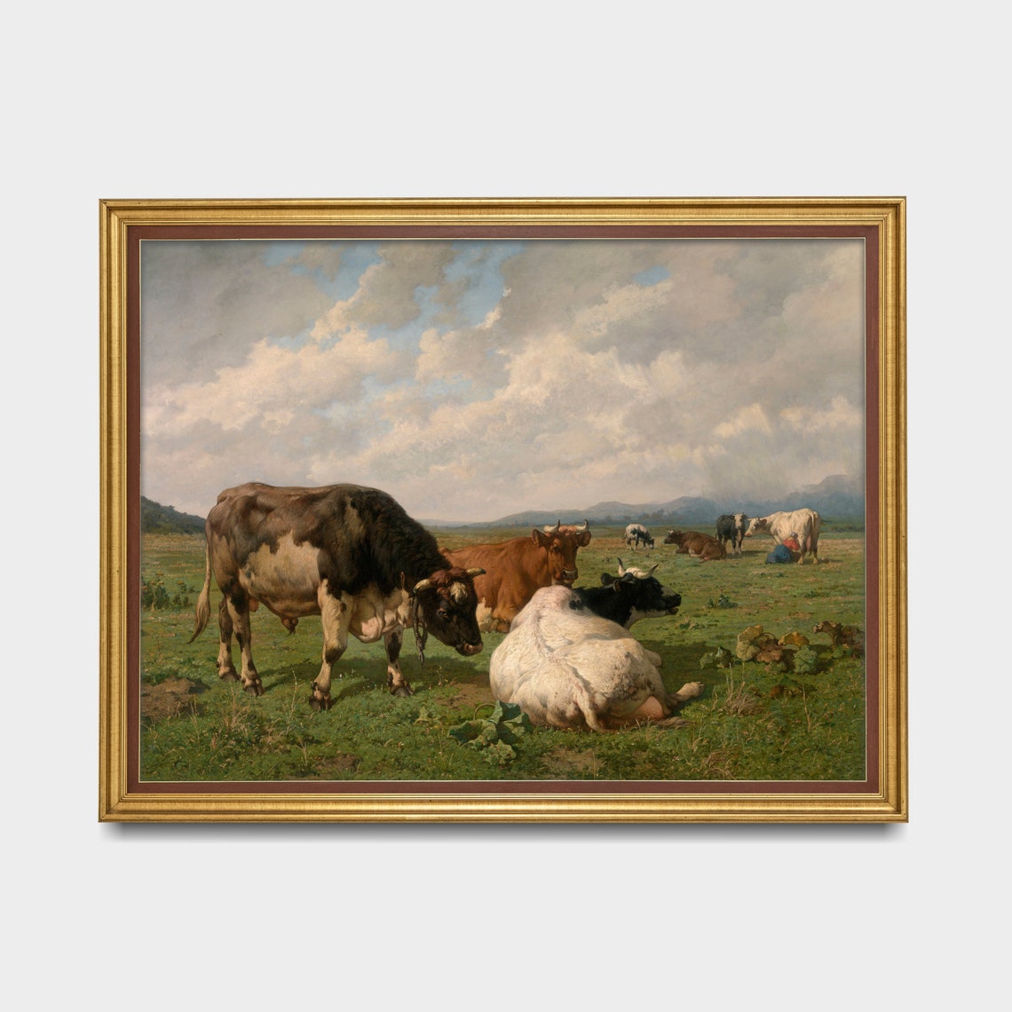 Cattle Resting Green Meadow Big Cloudy Sky Vintage Farm Poster - Image 3