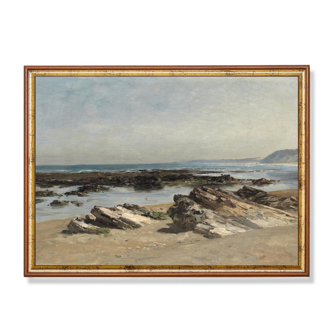 Rocky Shoreline with Tide Pools and Distant Cliffs Seaside Poster
