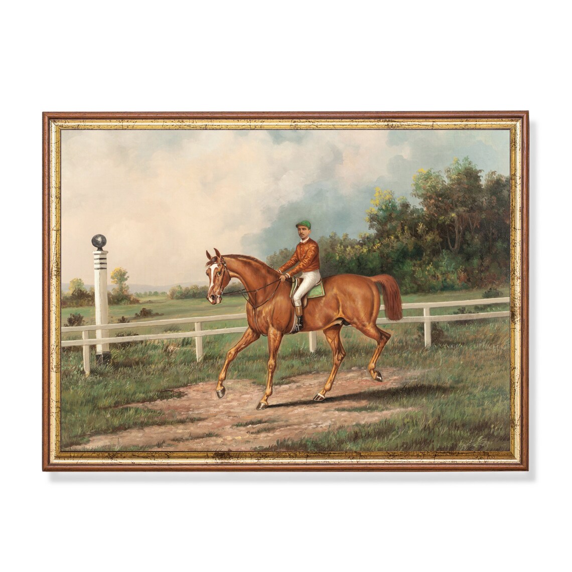 Jockey Riding a Chestnut Racehorse on a Country Track Poster