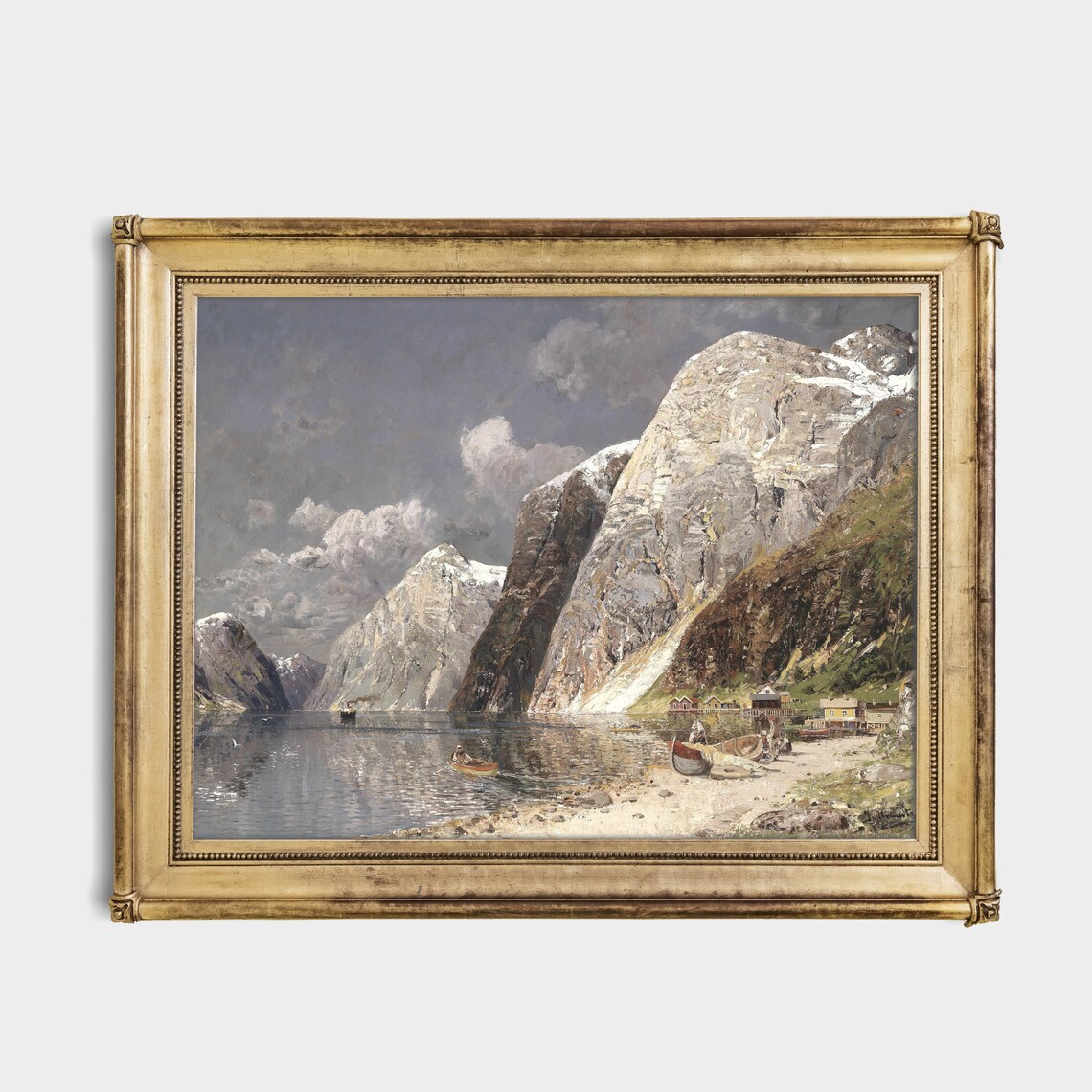 Vintage Norwegian Fjord Painting Snowy Mountains Lake Wall Art - Image 3