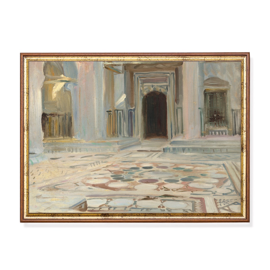 Sunlit Italian Church Interior with Ornate Mosaic Marble Floor Poster