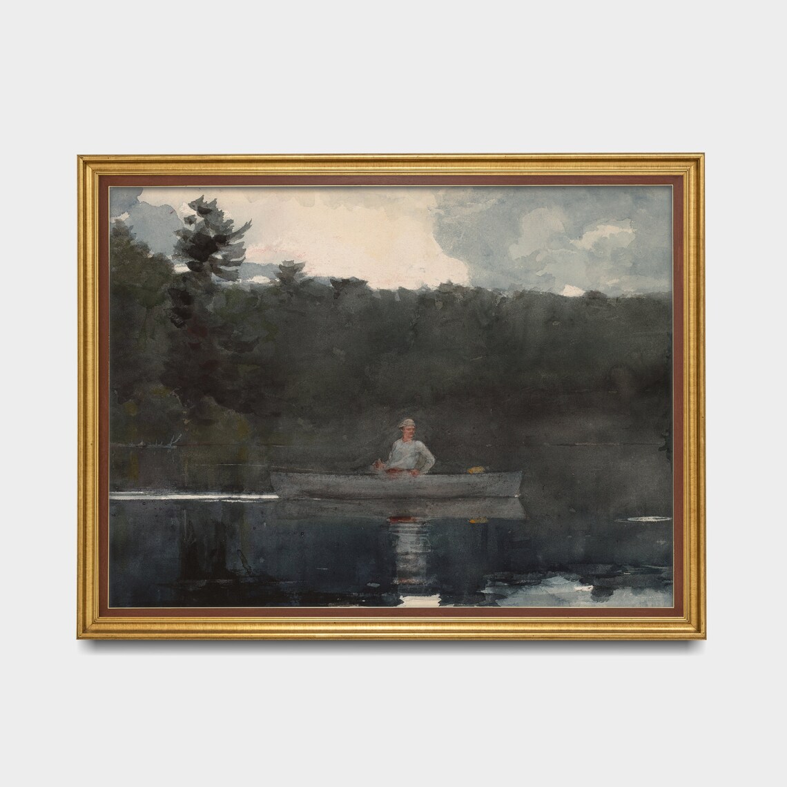 Lone Fisherman in a Canoe at Dusk on a Pine Lake Vintage Poster - Image 5