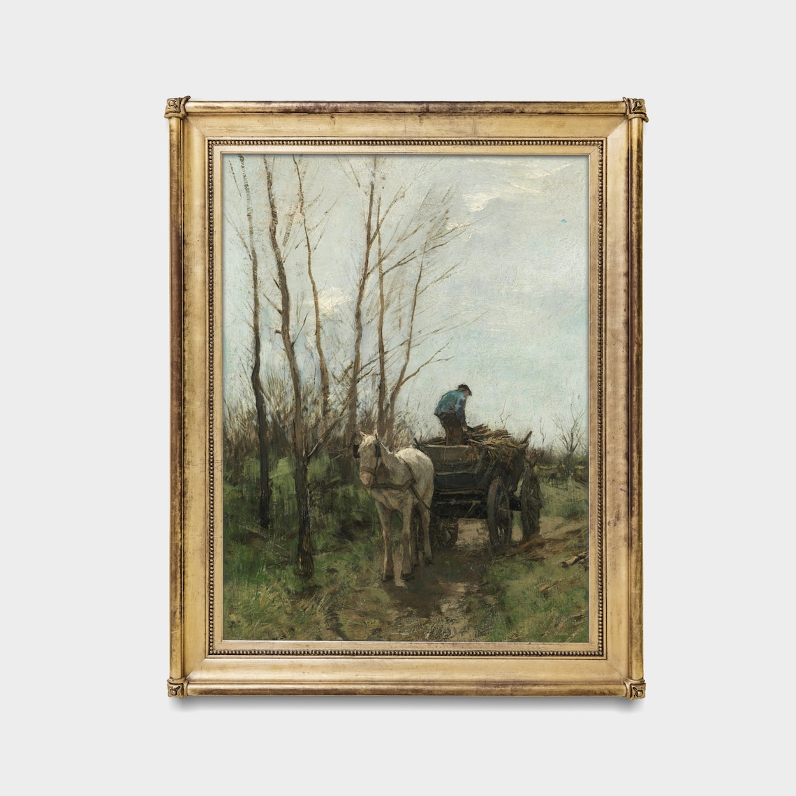 White Horse and Cart on a Woodland Path with Bare Trees Vintage Poster - Image 2
