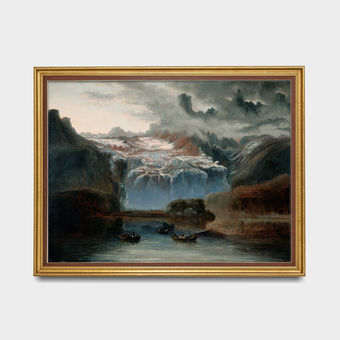 Misty Mountain Waterfalls With Rowboats on a Still Lake Poster - Image 5