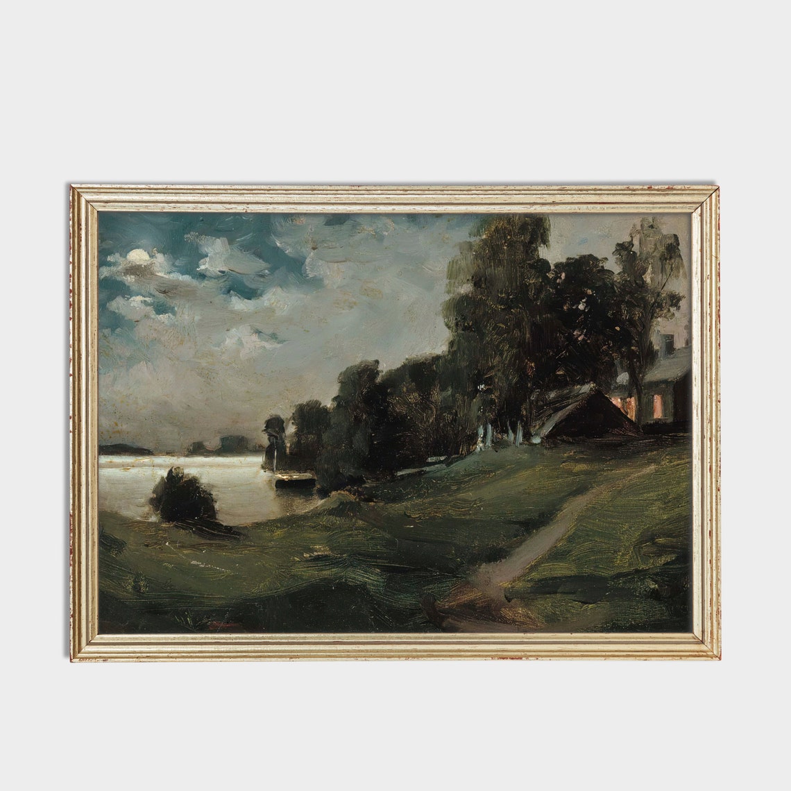 Moonlit Riverside Farmstead With Glowing Windows Moody Evening Poster - Image 2