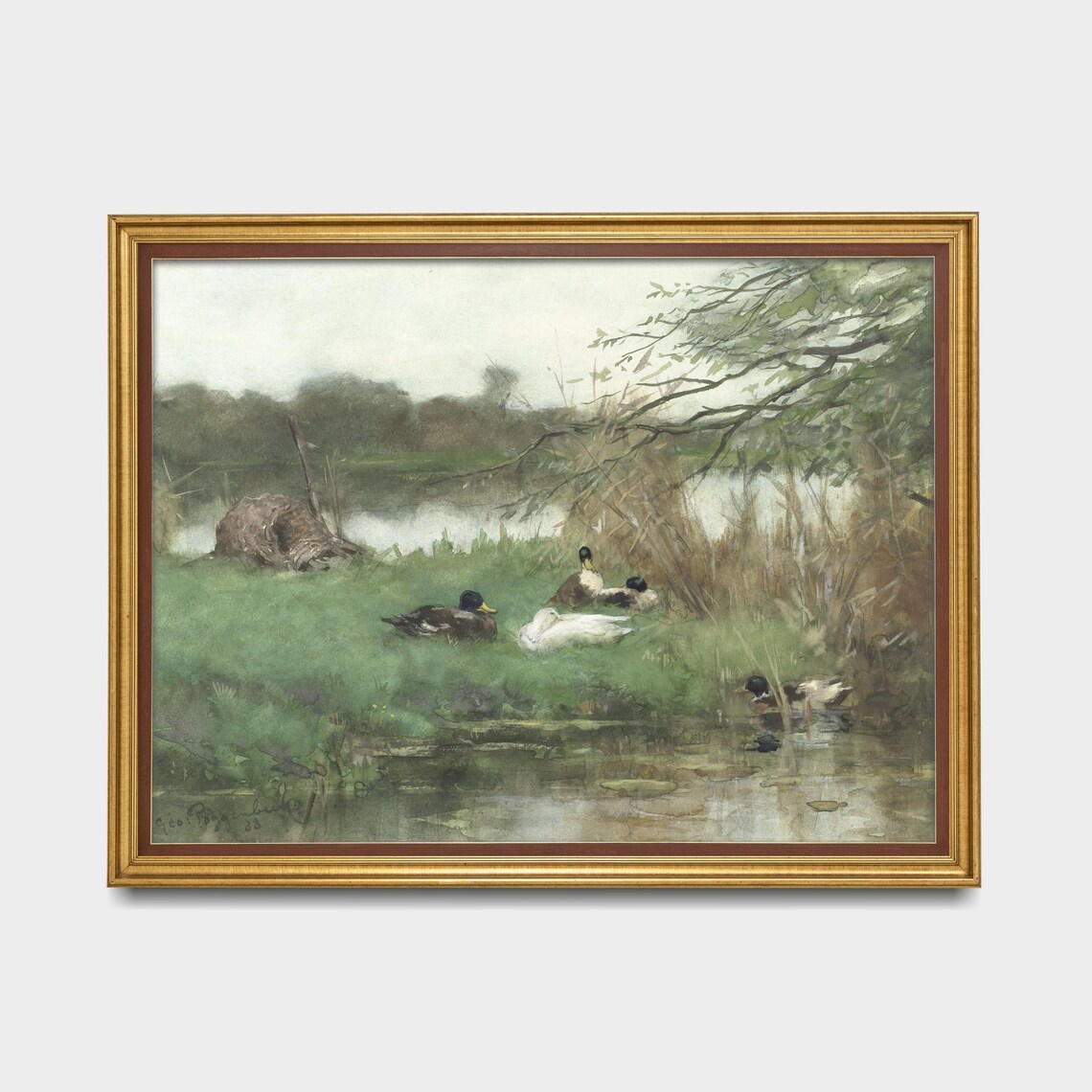 Mallard Ducks Resting Reedy Pond Bank Watercolor Bird Art Poster - Image 5