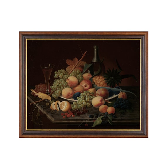 Print And Ship Vintage Still Life With Fruits Antique Still Life Painting Moody Rustic Print Mailed Art Kitchen Wall Art