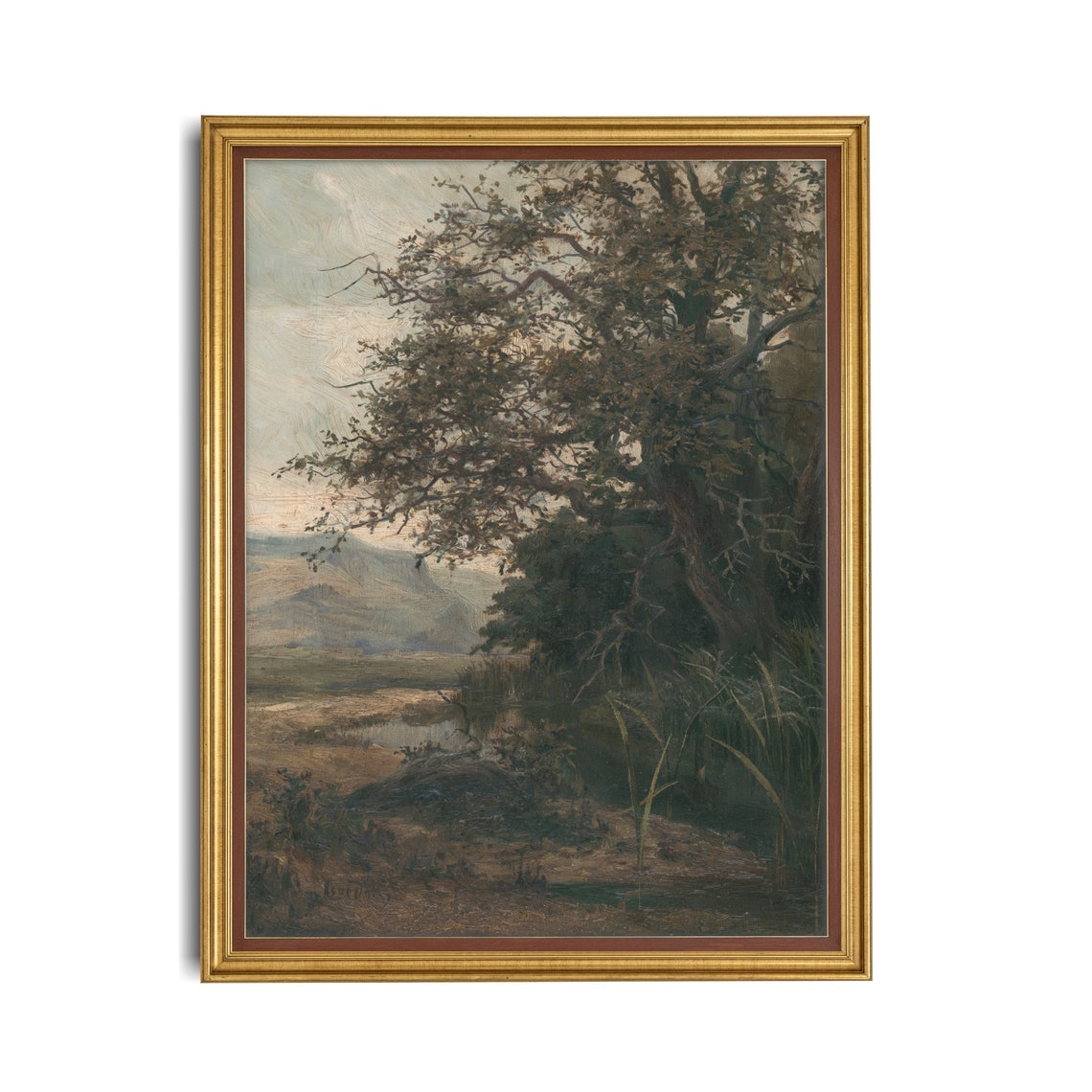 Vintage Ancient Tree Pond Distant Mountains Moody Landscape Poster - Image 2