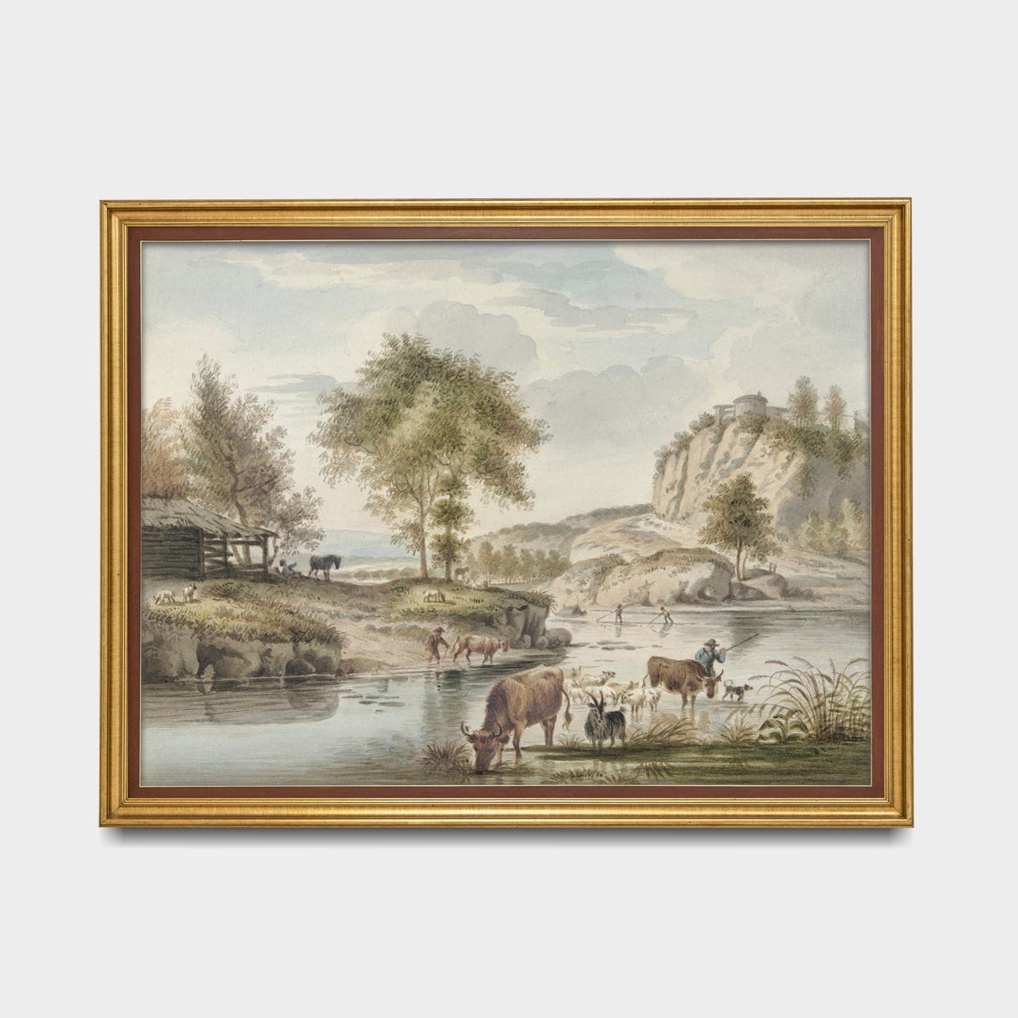 Cattle Watering at River Beneath Cliffs Pastoral Landscape Poster - Image 5