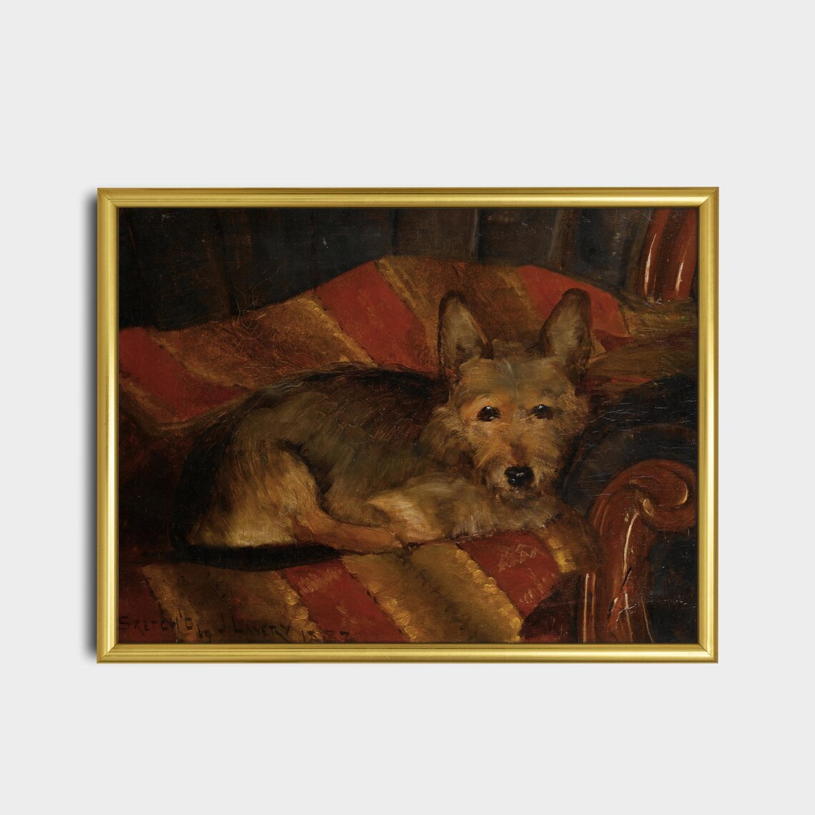 Scruffy Terrier Resting on Armchair Vintage Oil Painting Poster - Image 2