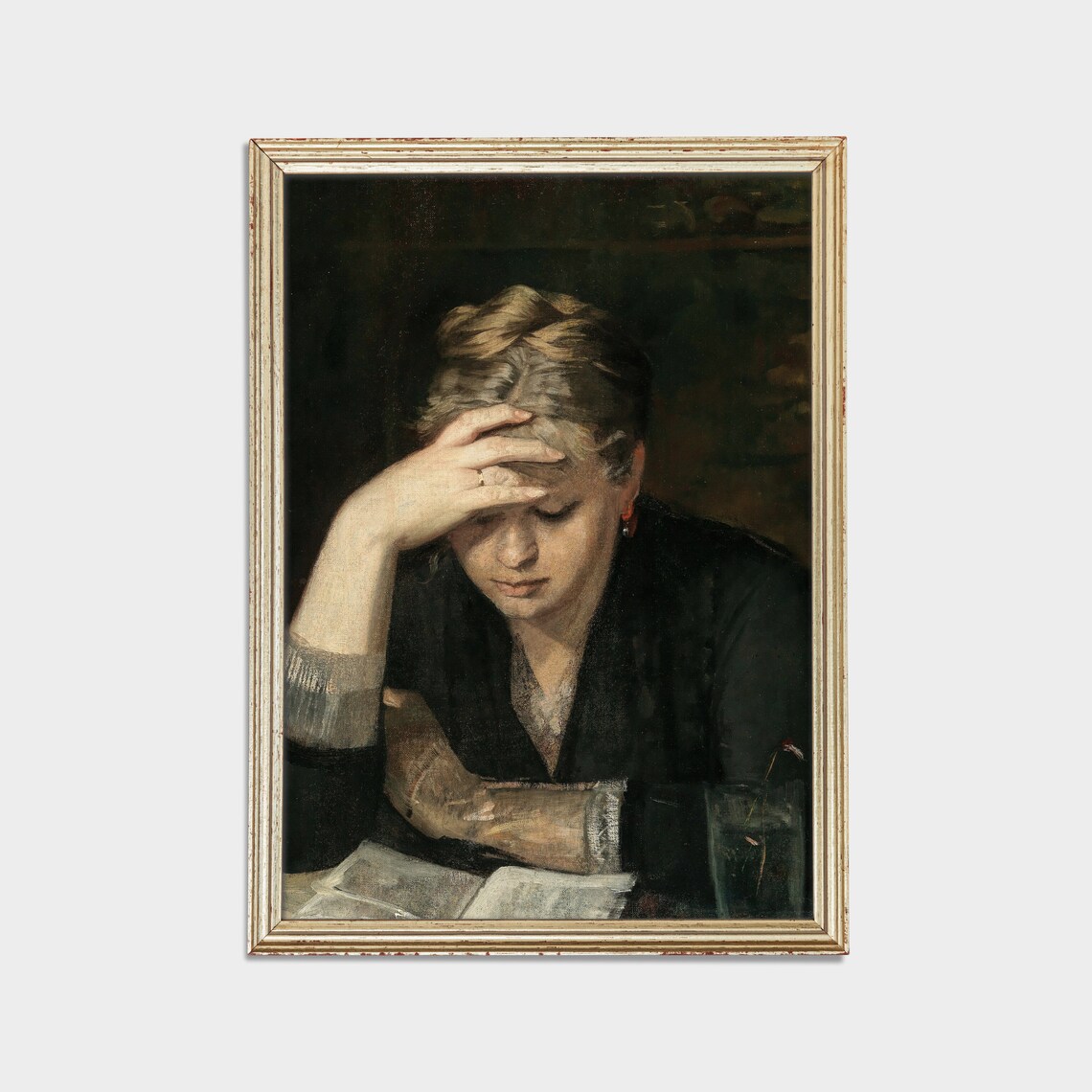 Contemplative Woman Reading a Book With Head in Hand Dark Vintage Poster - Image 2