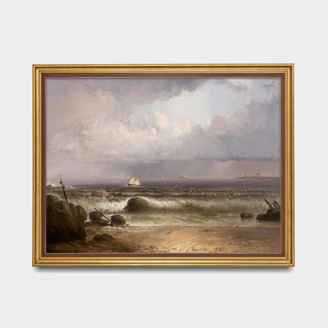 Waves Breaking on a Rocky Shore Beneath a Distant Sail Poster - Image 5