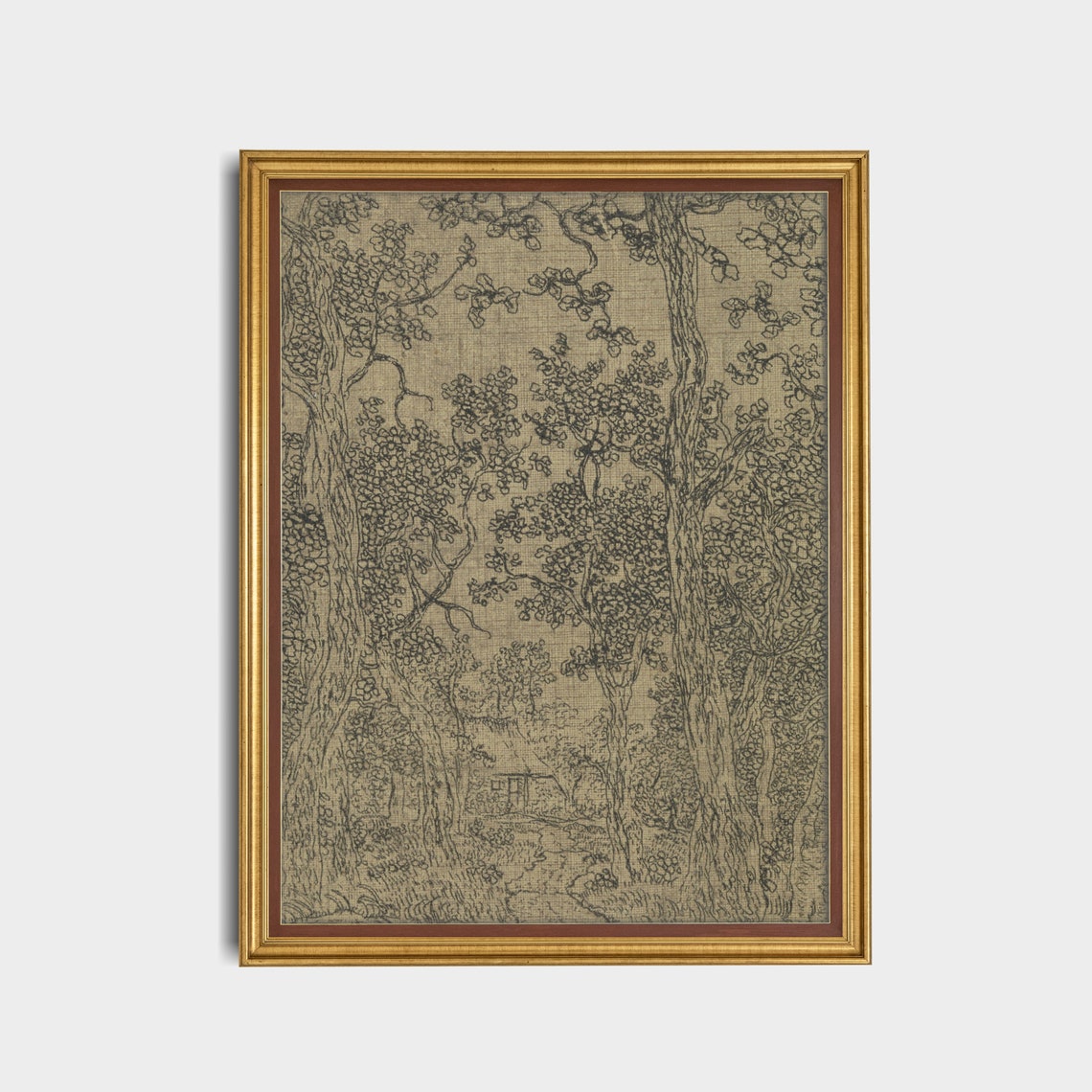 Print And Ship Wooded Landscape Vintage Sketch Drawing Antique Textile Print Rustic Moody Ink Sketch Art Mailed Print - Image 3