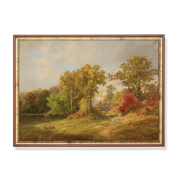 Printed And Shipped Vintage Autumn Painting Antique Fall Landscape Rustic Moody Print Landscape With Shepherd Dog And Sheep