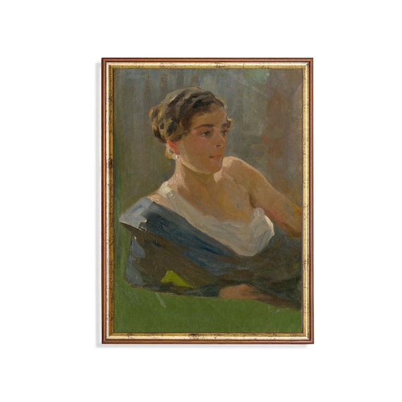 Portrait of a Woman in a Blue Shawl Vintage Oil Painting Poster