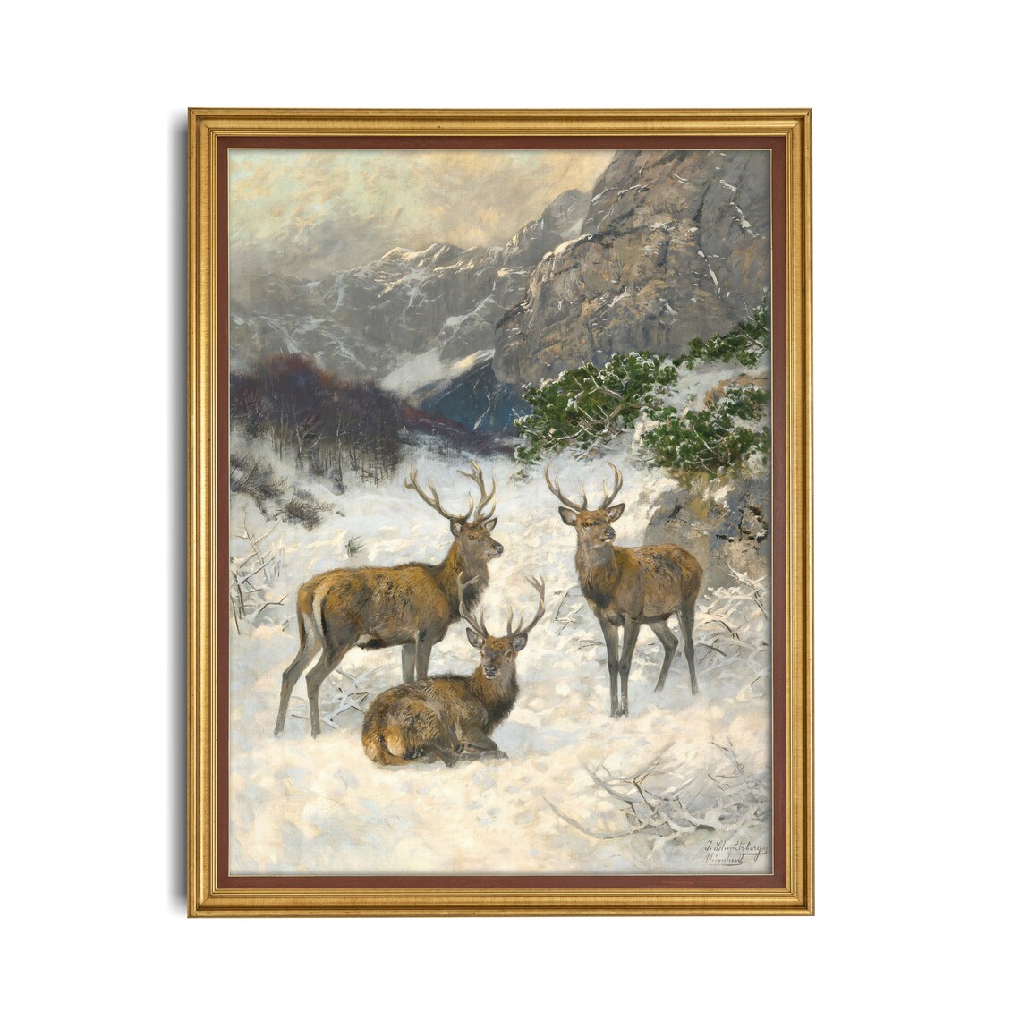 Red Deer Stags In Snowy Mountain Valley Vintage Wildlife Poster - Image 2