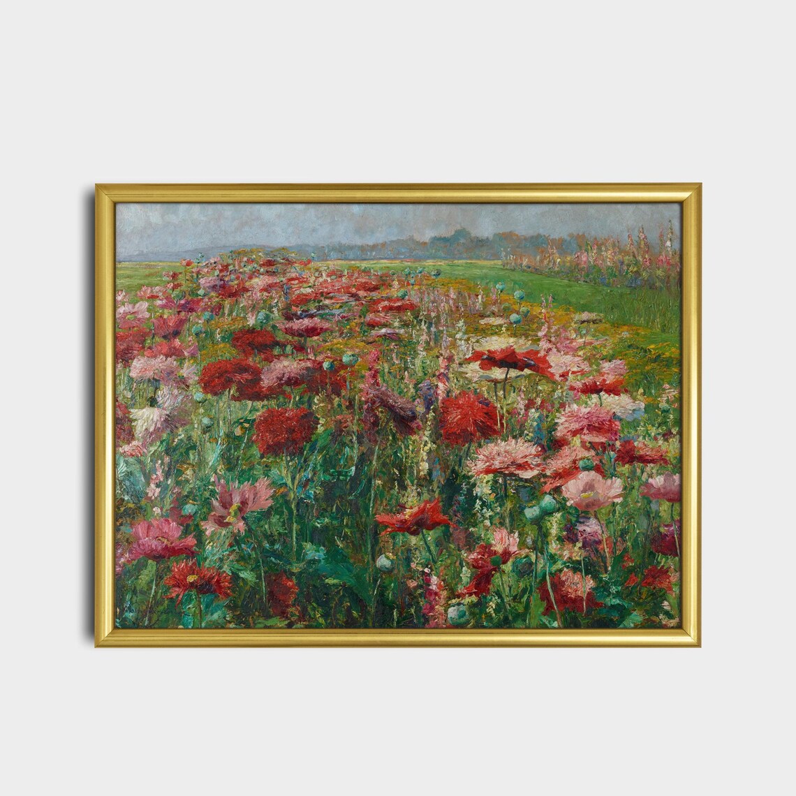 Red Pink Poppy Field Impressionist Vintage Floral Landscape Poster - Image 2
