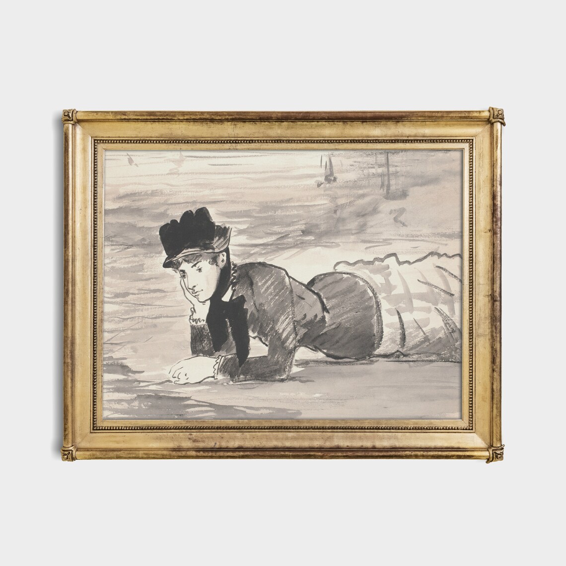 Elegant Woman in a Hat Reclining on a Beach Ink Wash Sketch Poster - Image 4
