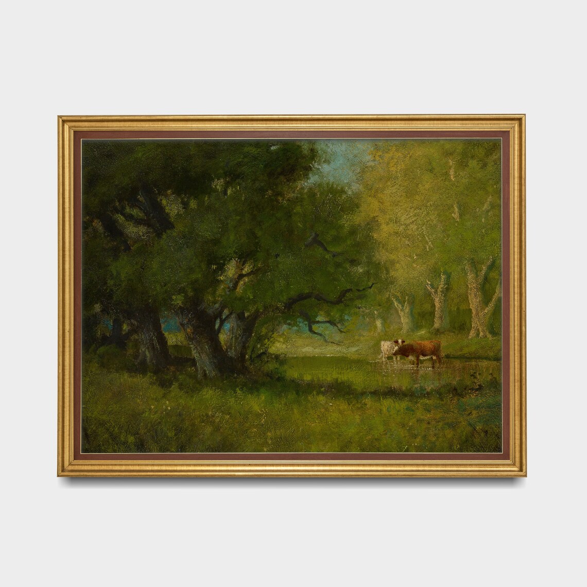 Cows Drinking at a Pond in a Sunlit Green Woodland Meadow Poster - Image 3