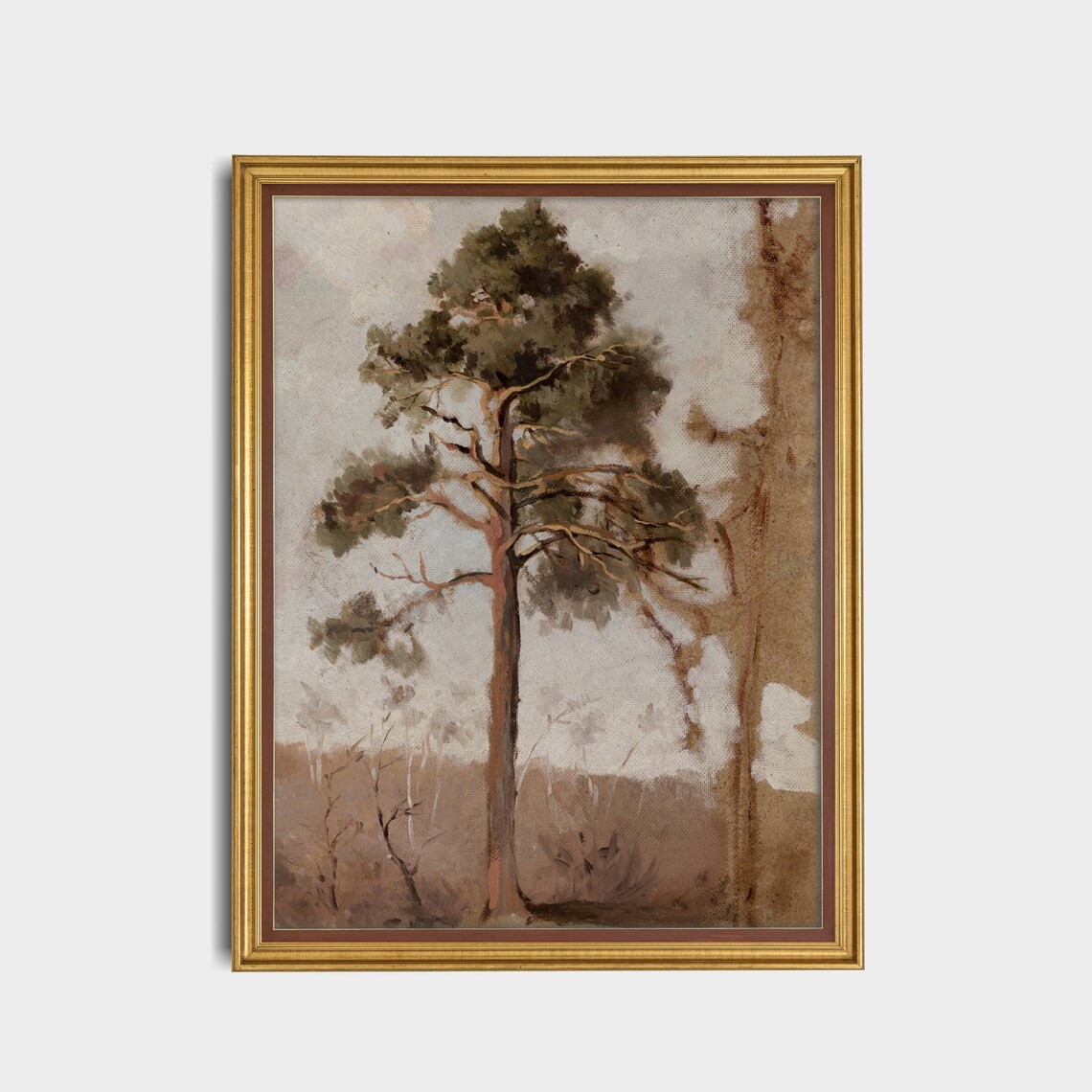 Solitary Pine Tree Study on Aged Toned Paper Antique Art Poster - Image 5