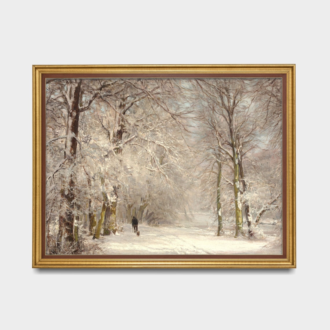 Solitary Walker with a Dog on a Snowy Forest Path Winter Poster - Image 3