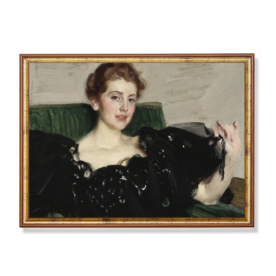 Young Woman in a Black Dress on a Green Sofa Antique Portrait Poster
