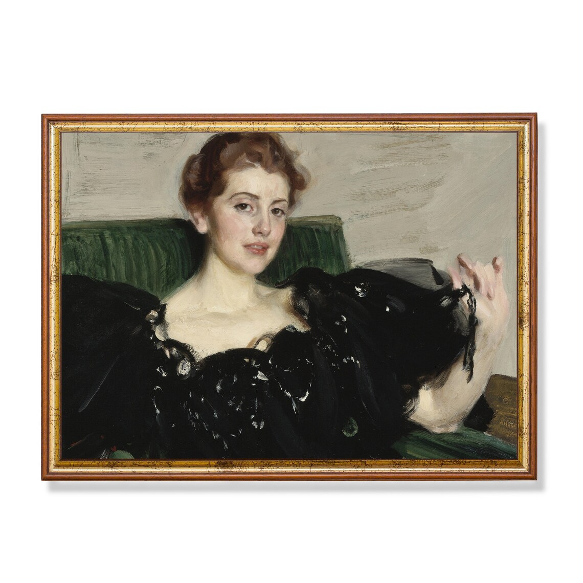Young Woman in a Black Dress on a Green Sofa Antique Portrait Poster