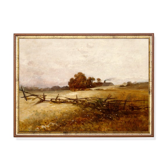 Vintage Fall Landscape Antique Autumn Painting Moody Rustic Print Wall Art Farmhouse Decor Fine Art