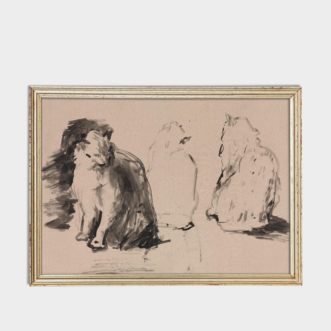 Ink Wash Sketch Study of Two Seated Cats Feline Drawing Poster - Image 3